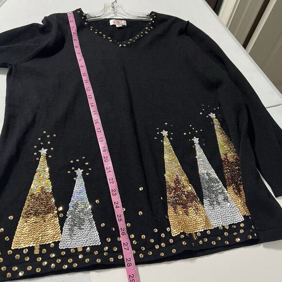 The Quacker Factory Sequin Sweater 1X Black Gold Sparkle Christmas Tree Festive - Picture 11 of 12